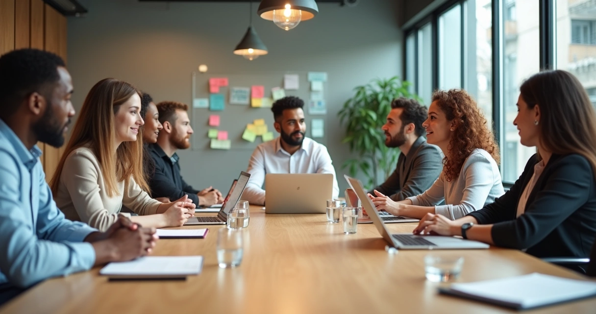 Equipe diversa em reunião colaborativa em sala de reunião moderna 