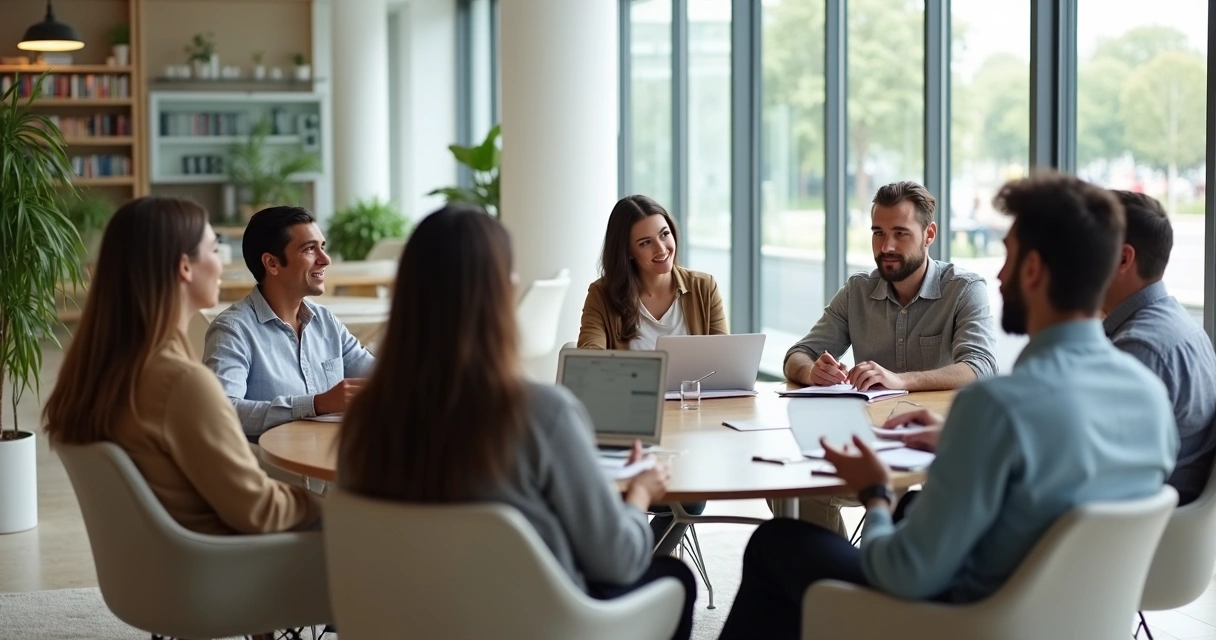 Equipe diversa em reunião informal em escritório moderno simbolizando ambiente de trabalho psicologicamente seguro 