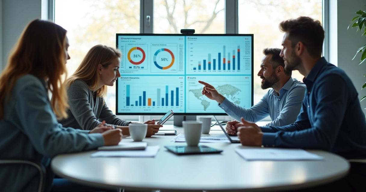 Equipe reunida analisando dados de projeto em tela de ERP 