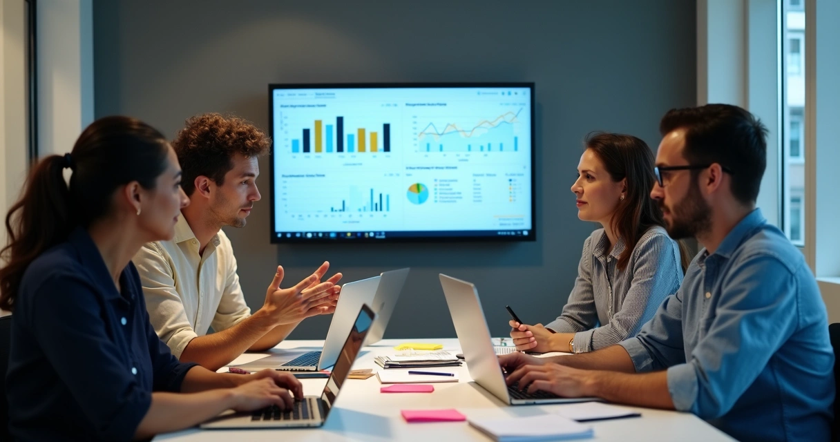 Equipe em reunião avaliando desempenho de blog em painel digital