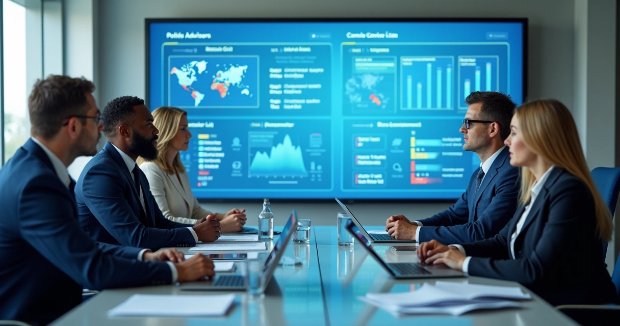 Equipe política reunida analisando dados em tela de CRM 