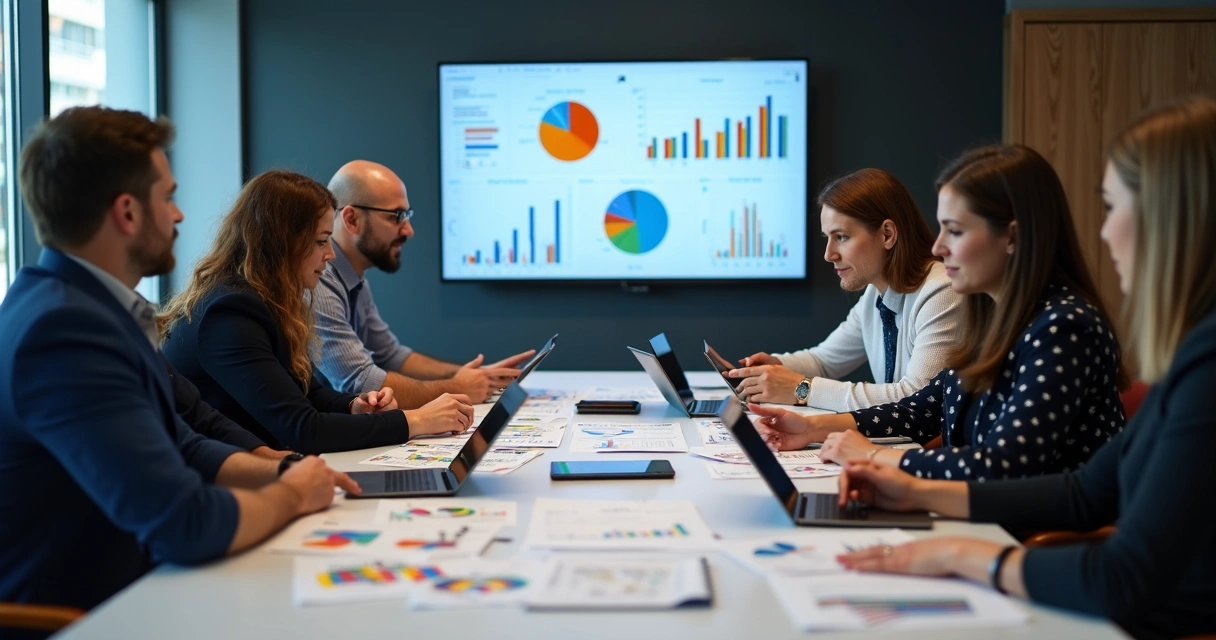 Equipe reunida ao redor de uma mesa analisando gráficos de vendas 