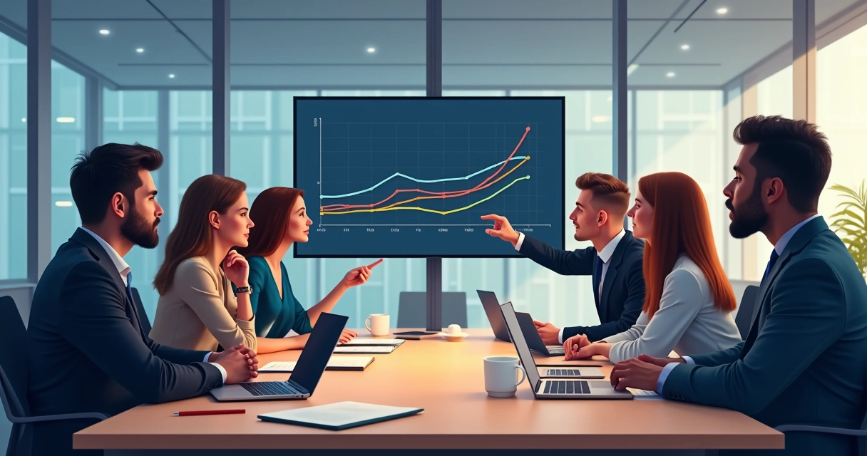 Equipe reunida olhando gráfico de emoções em ambiente corporativo 