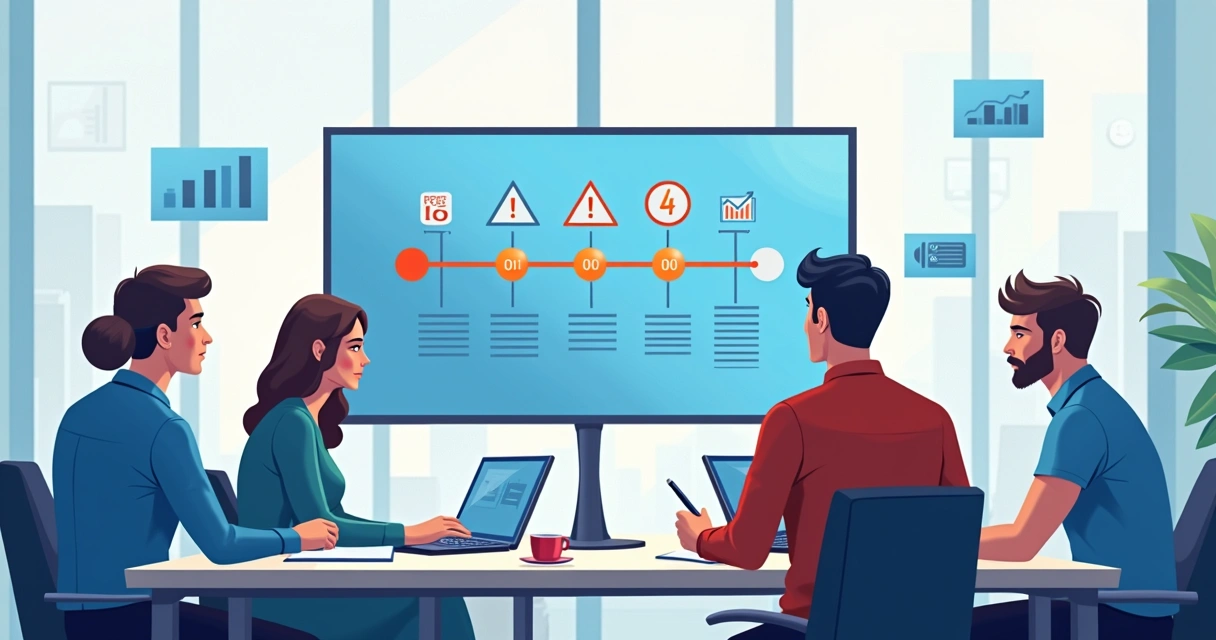 Equipe de gestão analisando tela do computador com avisos de riscos em projeto 