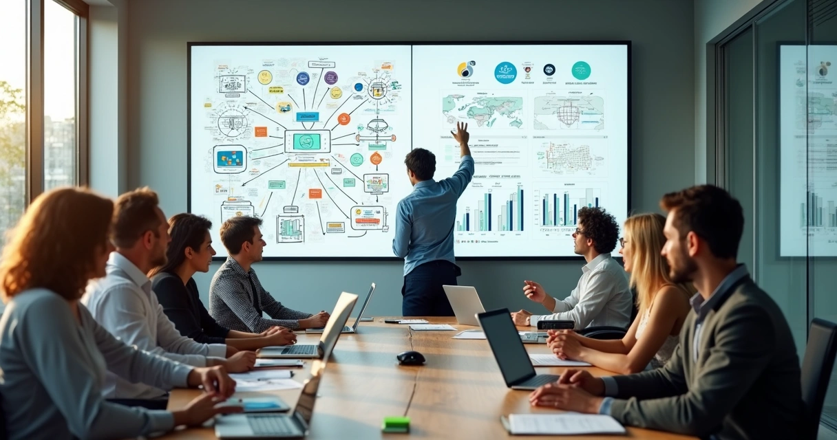 Equipe de negócios em reunião analisando painel com conexões e gráficos sistêmicos 