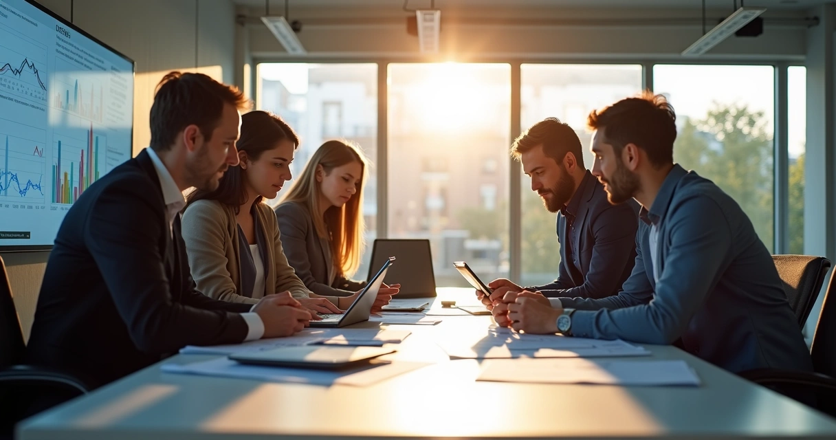 Equipe reunida discutindo desenvolvimento de aplicativo em mesa de reunião 