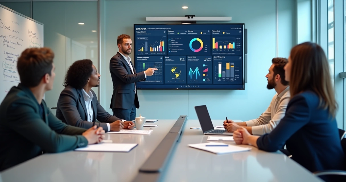 Equipe reunida em sala de reunião, analisando gráficos de KPIs em tela digital