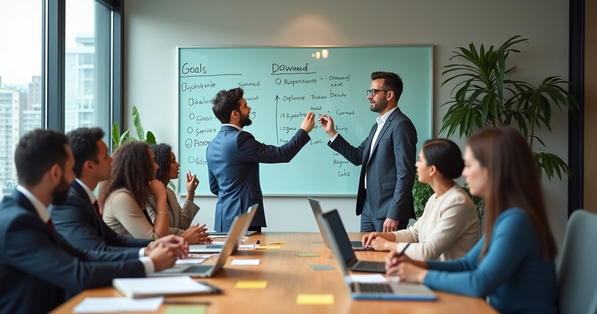 Equipe em reunião colaborativa apontando para quadro com metas e responsabilidades 