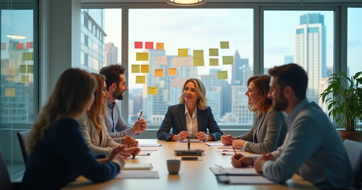 Equipe fazendo brainstorming em sala de reunião moderna