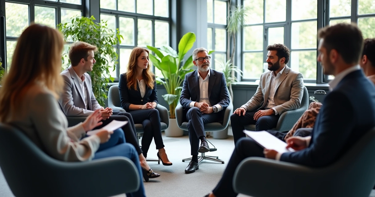 Equipe reunida em círculo em ambiente de trabalho moderno