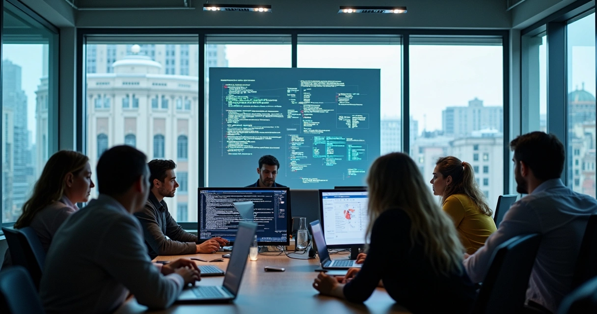 Equipe reunida analisando código-fonte em sala de reunião, com computadores e quadros digitais ao fundo