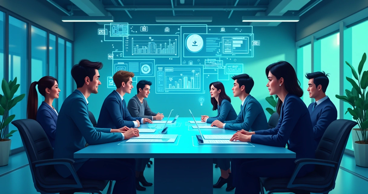Equipe de trabalho reunida em sala, interagindo com telas digitais que mostram gráficos de IA. 
