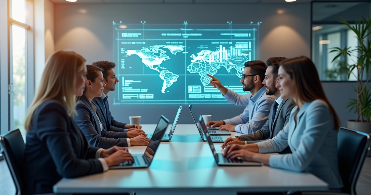 Grupo de colaboradores de diferentes setores usando computadores em sala de reuniões 