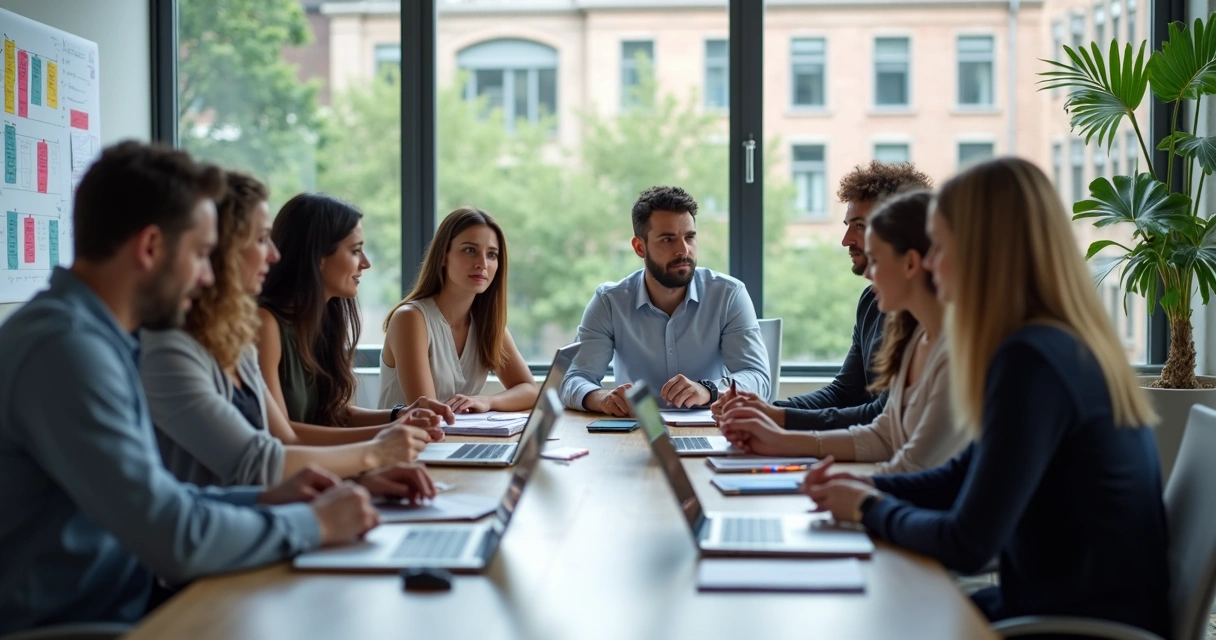 Reunião de equipe trocando ideias ao redor de uma mesa 