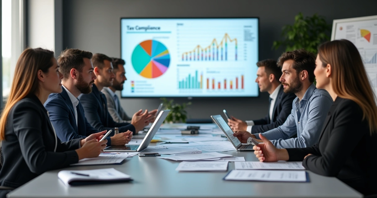 Equipe reunida analisando dados fiscais na tela 