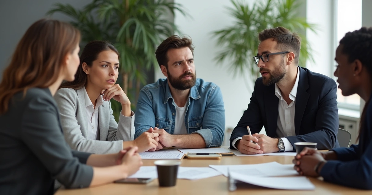 Equipe reunida conversando em uma sala após um conflito 