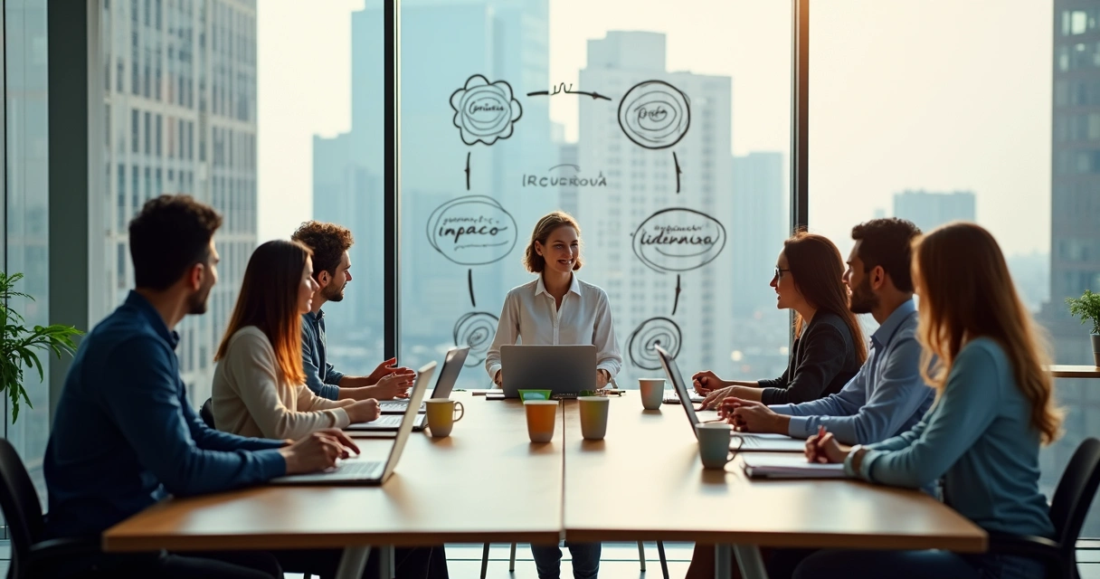 Equipe diversa em reunião em escritório moderno simbolizando evolução da consciência corporativa 