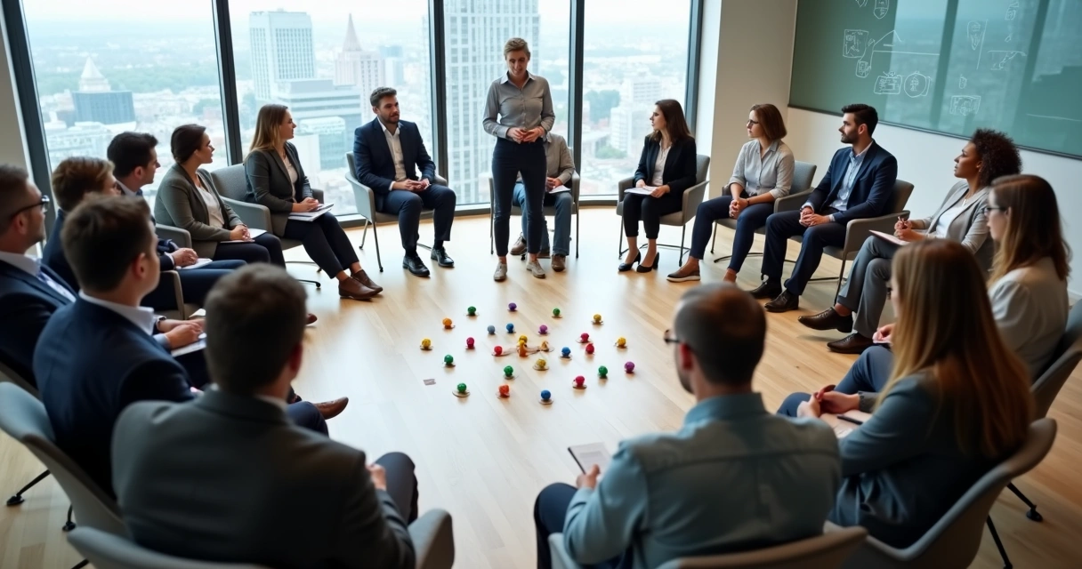 Equipe corporativa em círculo com facilitador guiando dinâmica visual de constelação sistêmica 