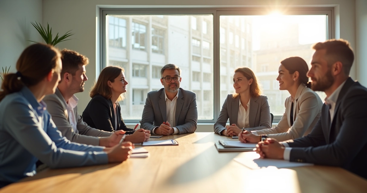 Equipe sentada em sala de reunião conversando com atenção 