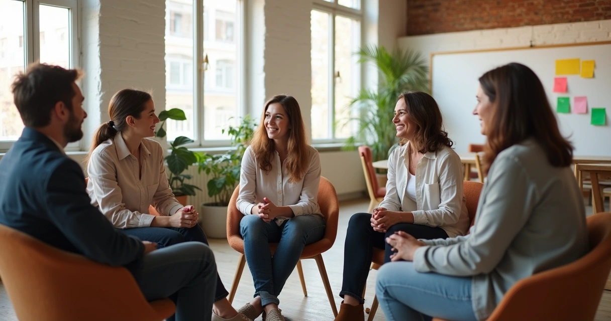 Equipe reunida conversando em círculo 