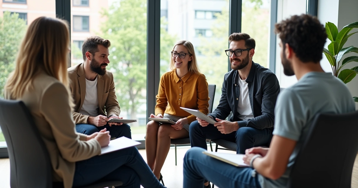Equipe sentada em círculo em reunião, conversando