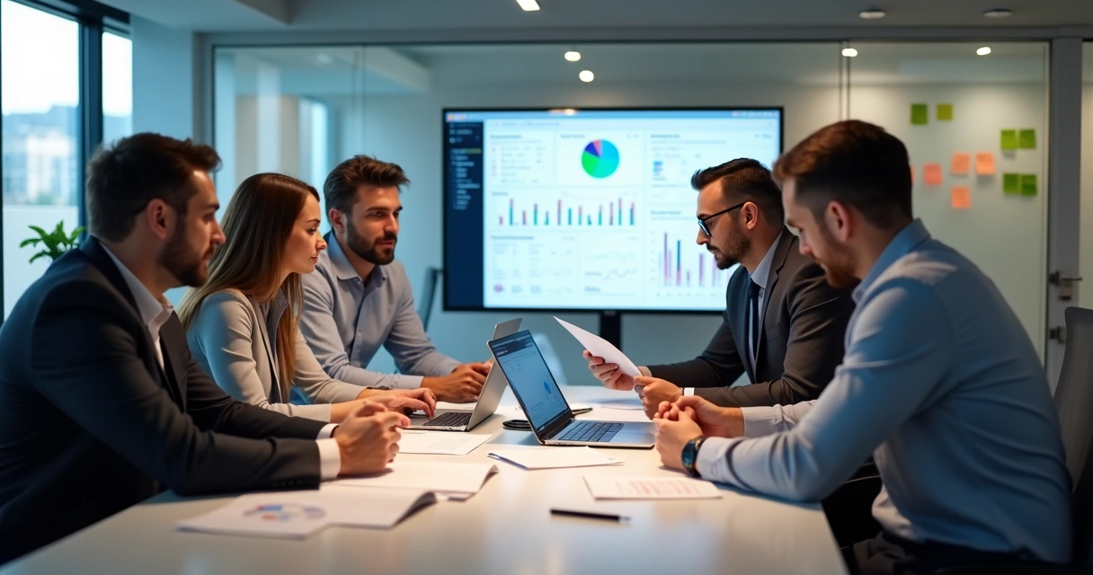 Sales team sitting at a table discussing a new CRM system