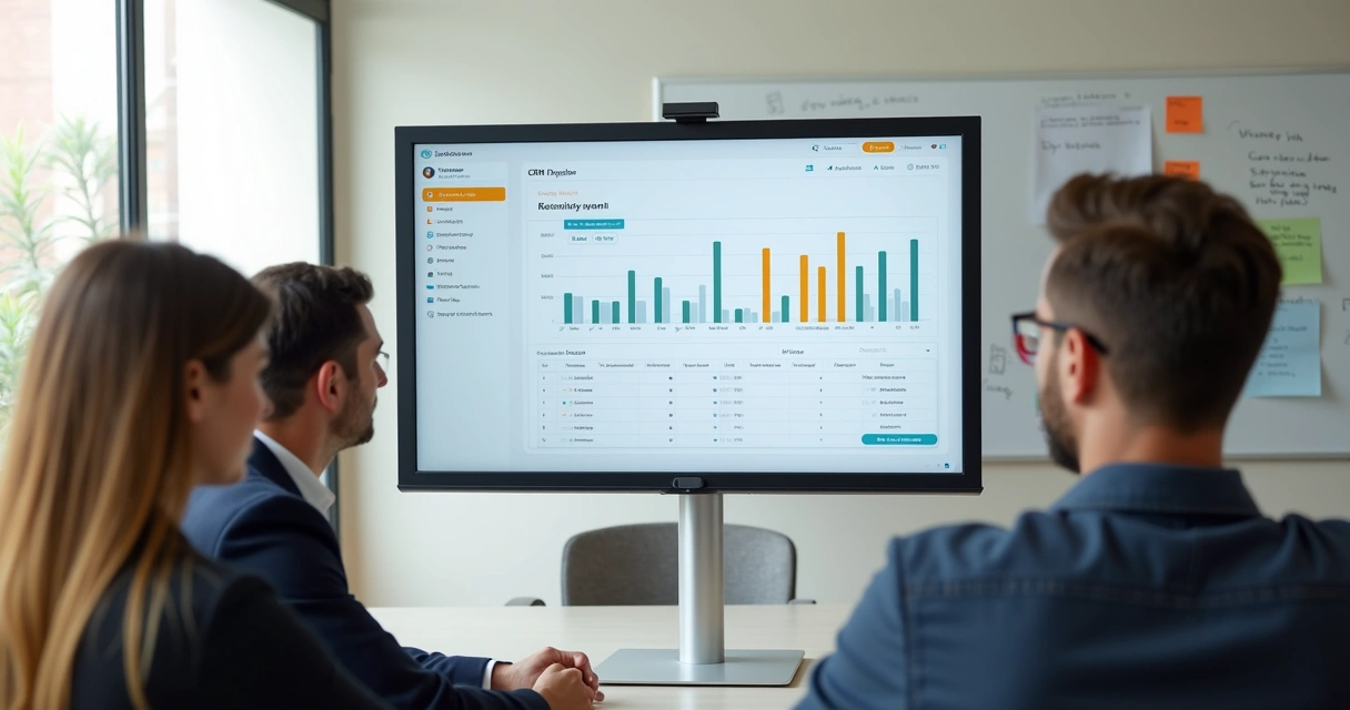 Equipe de vendas reunida analisando painel de CRM em computador 