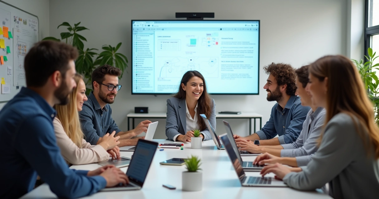 Equipe de diferentes perfis reunida desenvolvendo um aplicativo em laptops 