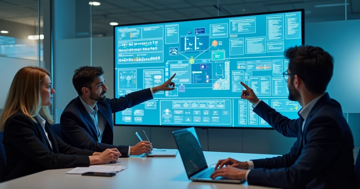 Equipe reunida planeja projeto digital 