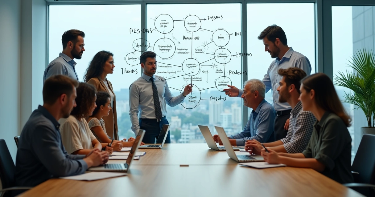 Equipe de negócios em reunião observando fluxos conectados em quadro transparente 