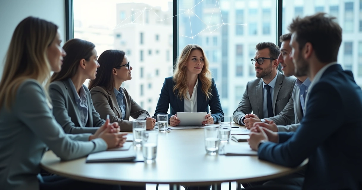 Equipe de negócios em círculo com silhuetas sobrepostas representando conexões ocultas 