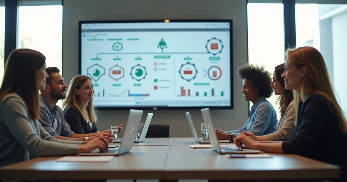 Equipe de trabalho reunida discutindo ideias em uma sala moderna 