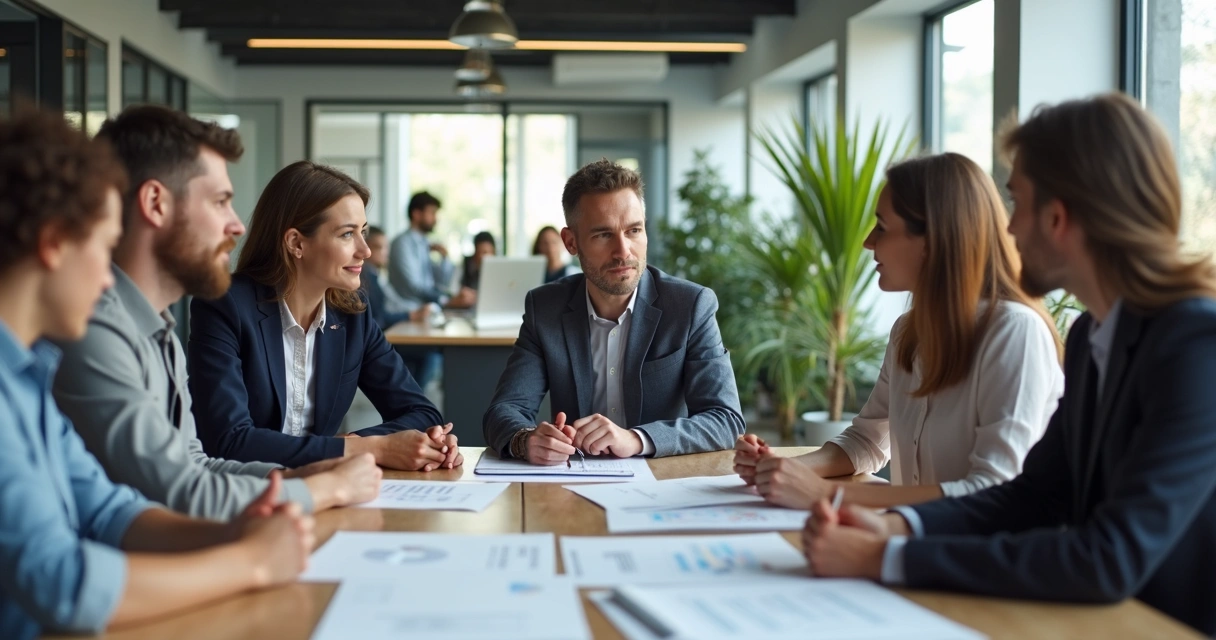 Equipe de trabalho reunida em discussão ao redor de uma mesa de escritório moderna. 