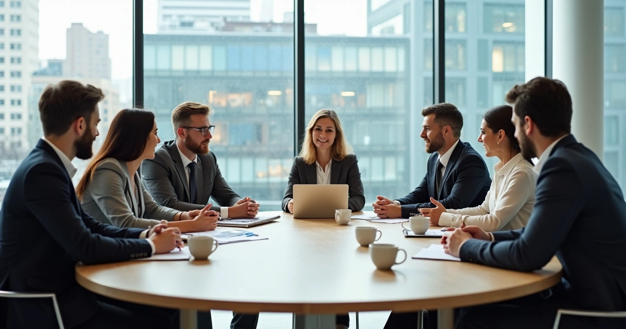 Equipe diversificada reunida ao redor de mesa de reunião moderna 