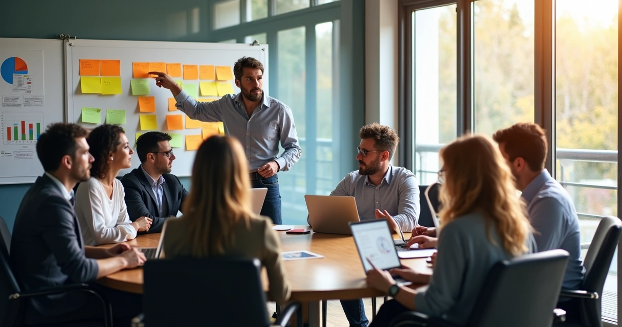 Equipe reunida em uma sala de reuniões em volta de uma mesa redonda, visualizando anotações e gráficos coloridos na parede
