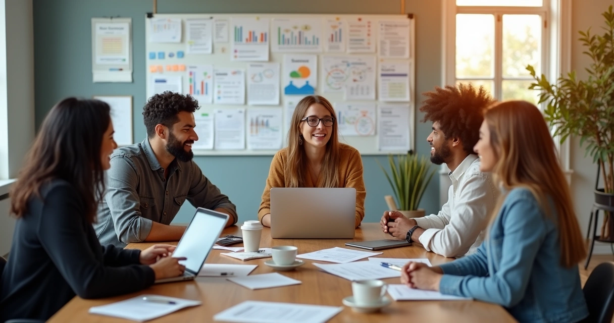 Equipe de PME discutindo estratégias digitais em sala de reunião