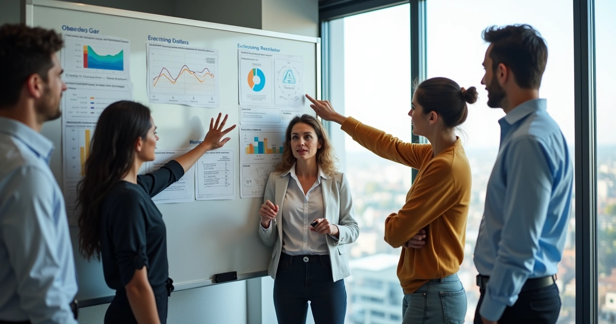 Equipe reunida analisando mural de metas e OKR da empresa