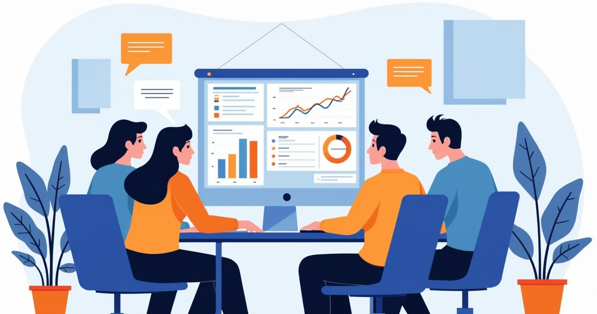 Equipe analisando gráficos em tela de computador 