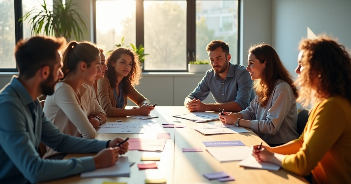 Equipe reunida discutindo valores e propósito em uma sala iluminada 