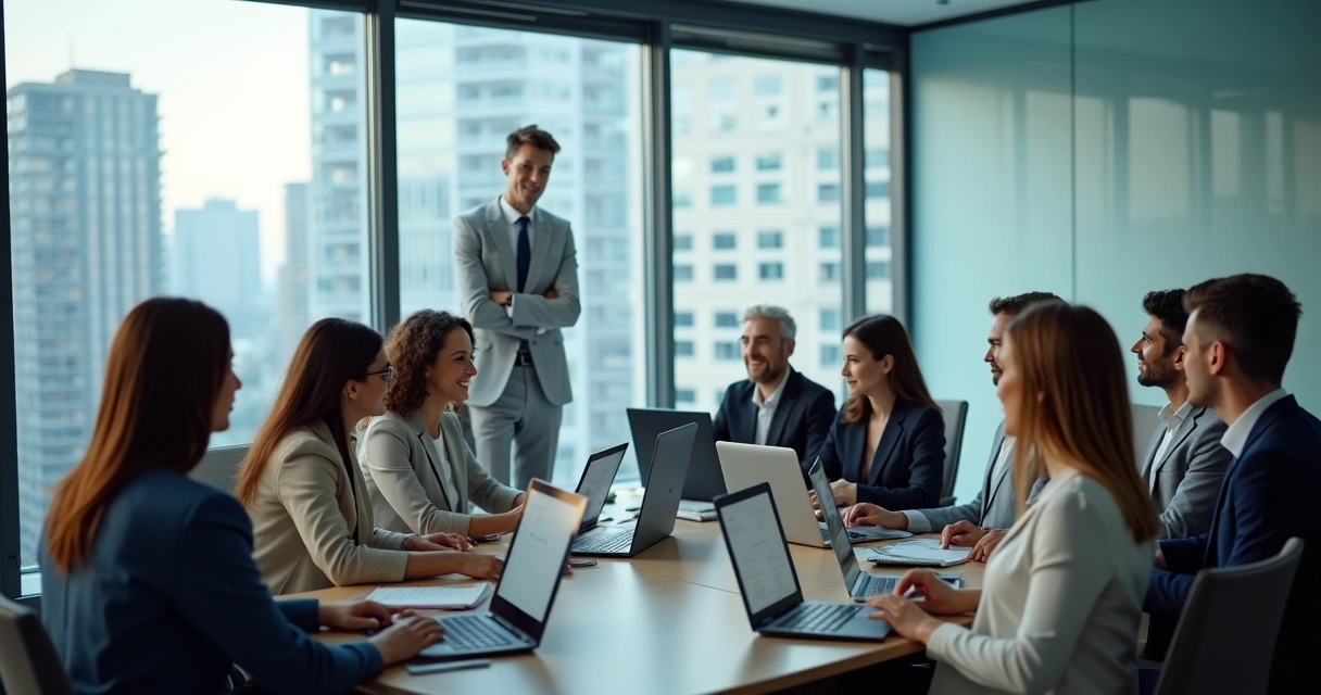 Equipe de colaboradores em treinamento corporativo via EAD em sala moderna 
