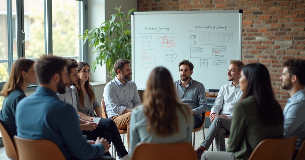 Equipe reunida em círculo trocando ideias