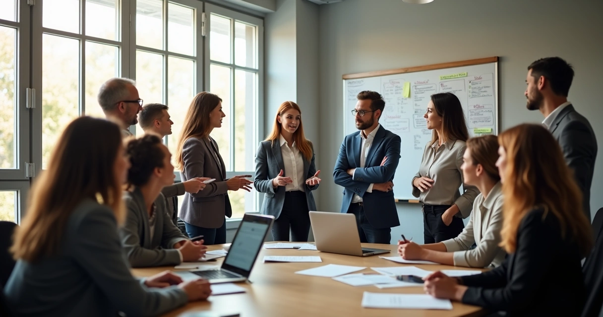 Equipe reunida em círculo em sala de reunião