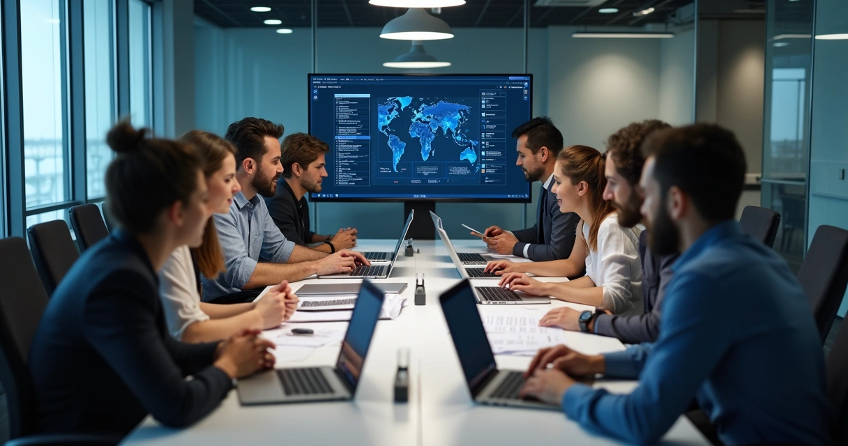 Equipe reunida em uma mesa debatendo escolha de solução de IA 