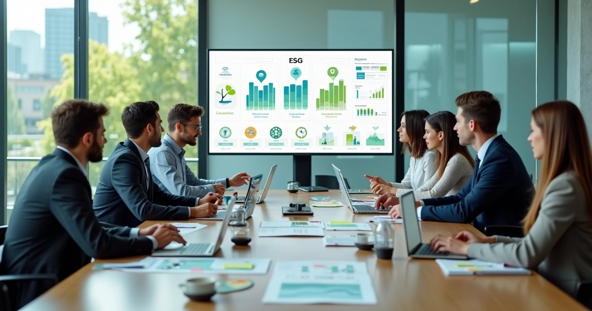Equipe executiva diversa reunida em mesa de reunião analisando estratégia ESG com gráficos de sustentabilidade 