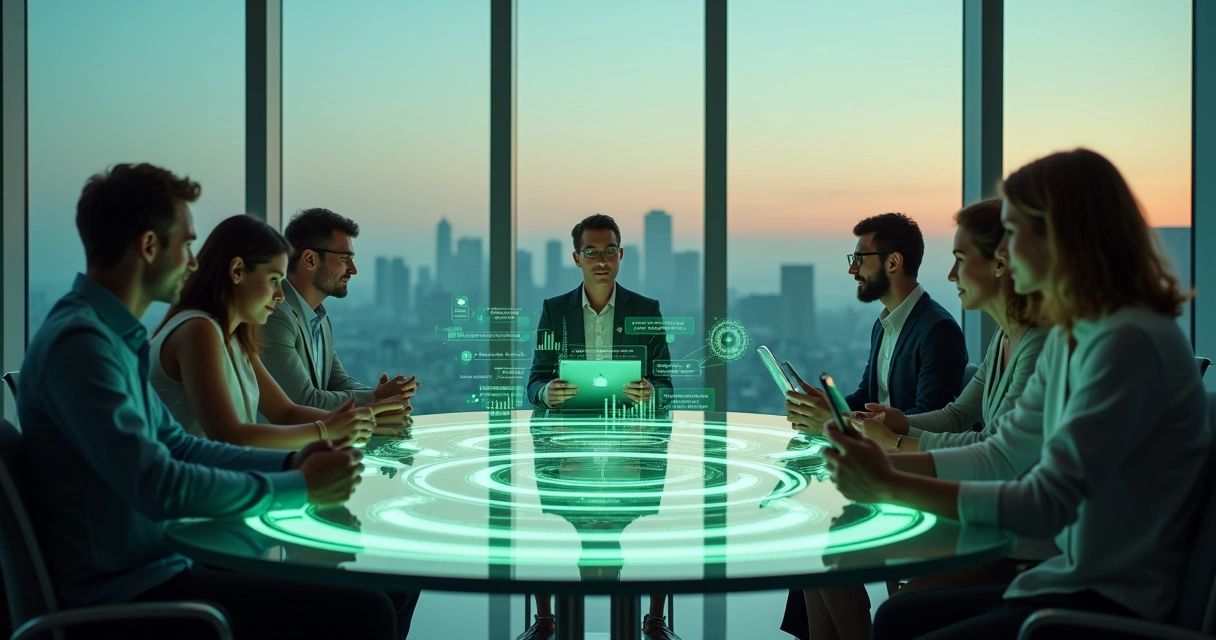 Equipe de vendas rodeada por dados digitais de conversas comerciais no WhatsApp 