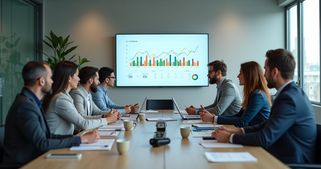 Equipe reunida em sala de reunião olhando para gráficos de desempenho em uma tela