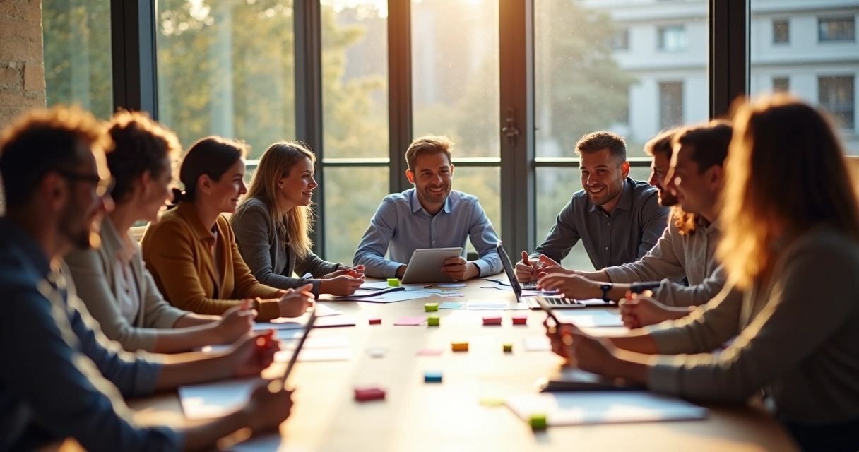 Equipe reunida em sala de reunião discutindo estratégias de forma colaborativa 