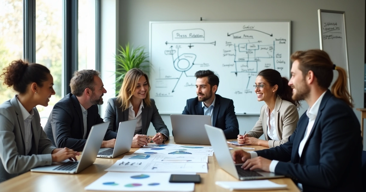 Equipe reunida discutindo estratégia de comunicação na empresa