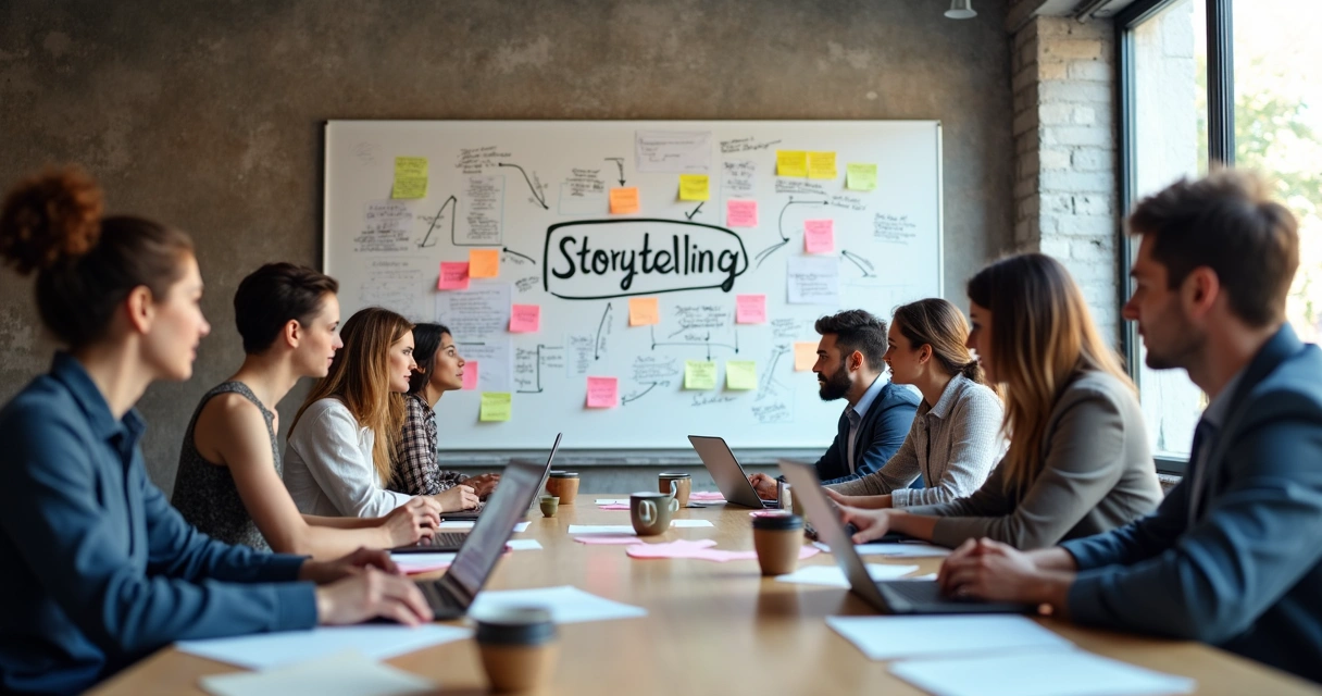 Equipe de marketing reunida discutindo estratégias de storytelling 