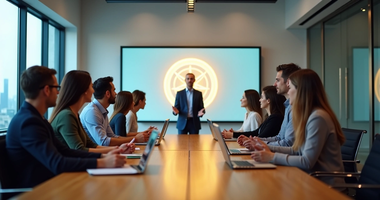 Equipe diversa reunida em mesa de reunião com símbolo de bússola ética projetado na parede 